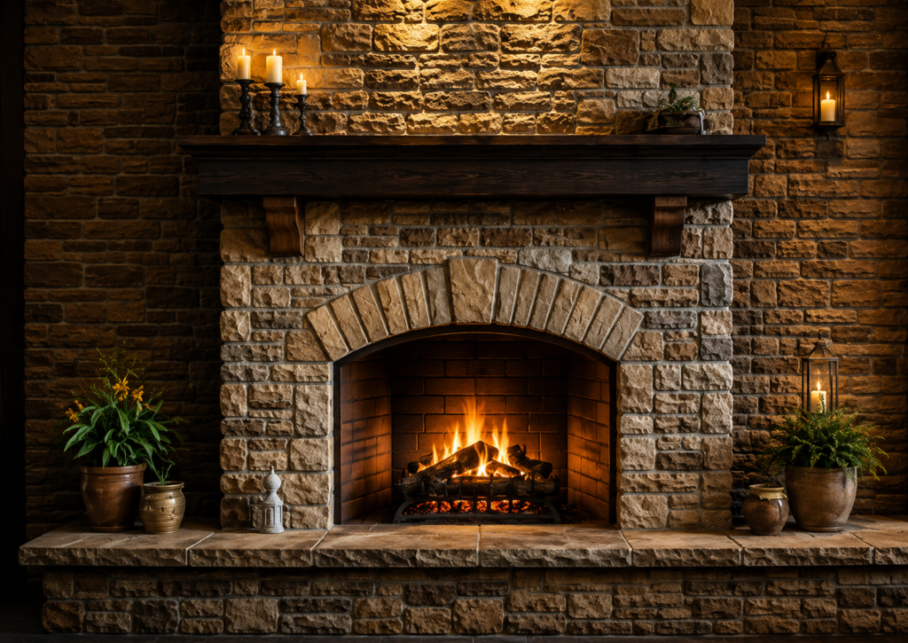 Stone fireplace masonry project with a natural stone surround and brick fireplace